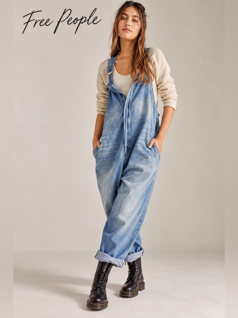 💙 Free People We The Free Hunter Denim Overalls | Slouchy Wide Leg Jumpsuit NWOT